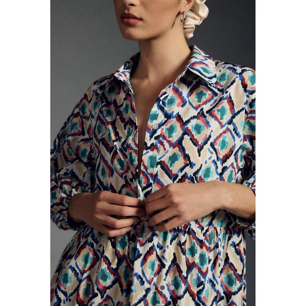Anthropologie Maeve Bettina Shirt Dress XS Geometric Patterned Trippy Slimming - Picture 4 of 11